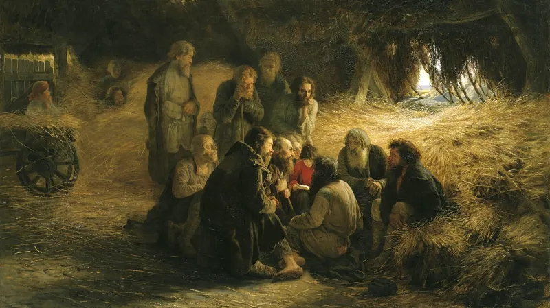 Čtení manifestu o zrušení nevolnictví na obrazu Grigorije Mjasojadova