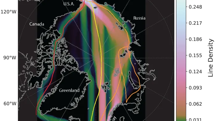 Rozložení plavebních tras v Arktidě v období 2015–2065. Zobrazena je východní a západní severní mořská trasa (oranžově), severozápadní průjezd (červeně) a transpolární trasa (žlutě)