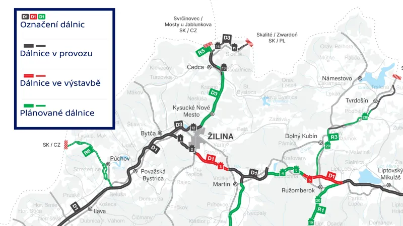 Dálniční síť v okolí slovenského města Žilina