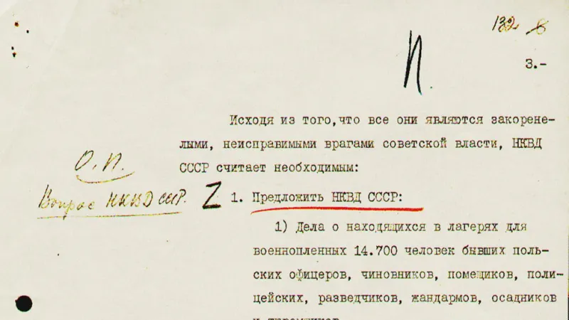 Jedna ze stránek Berijova rozkazu k vraždě polských zajatců