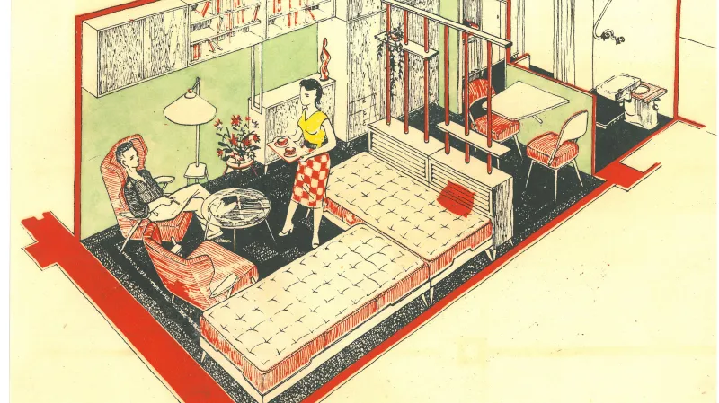 Hotelový dům v Olomouci (Tomáš Černoušek, Karel Dolák, Jiří Zrotal) – perspektiva obytné buňky (varianta B), 1959