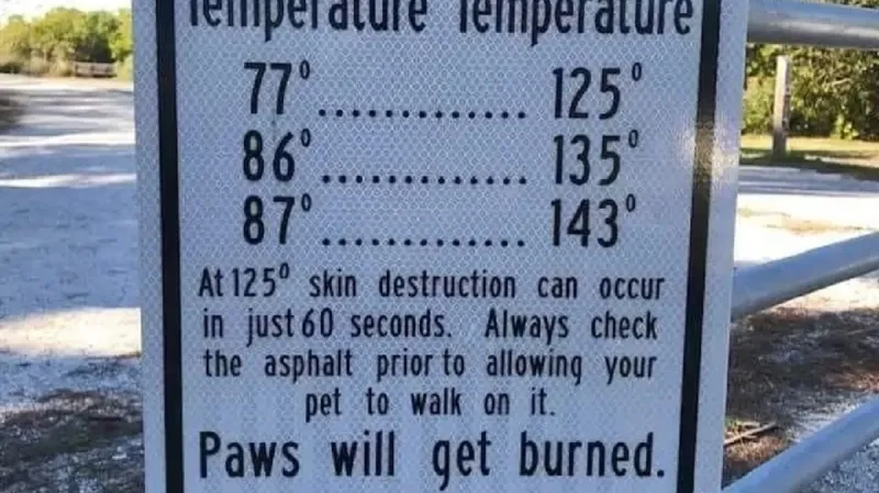 Upozornění na potenciálně horký asfalt při slunečném a teplém počasí v USA