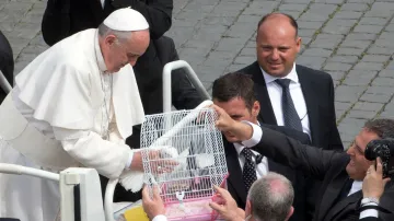 Papež František a klec s holubicemi