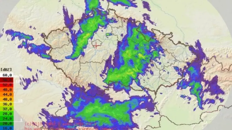 Radarový snímek počasí z ČHMÚ k 17:00 Zdroj: ČHMÚ