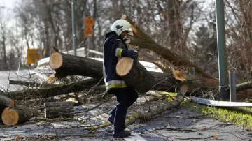 Požárník odstraňuje následky větrné bouře v německém Hanau