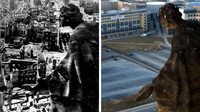 Socha Dobroty Augusta Schreitmuellera na věži Nové radnice nad rozbombardovaným městem (vlevo, 1945) a současnými Drážďany (vpravo, 2005)